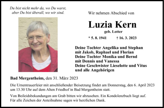 Traueranzeige von Luzia Kern von Fränkische Nachrichten