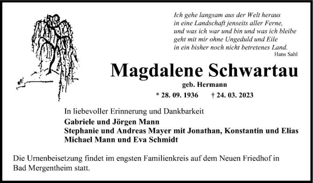  Traueranzeige für Magdalene Schwartau vom 30.03.2023 aus Fränkische Nachrichten