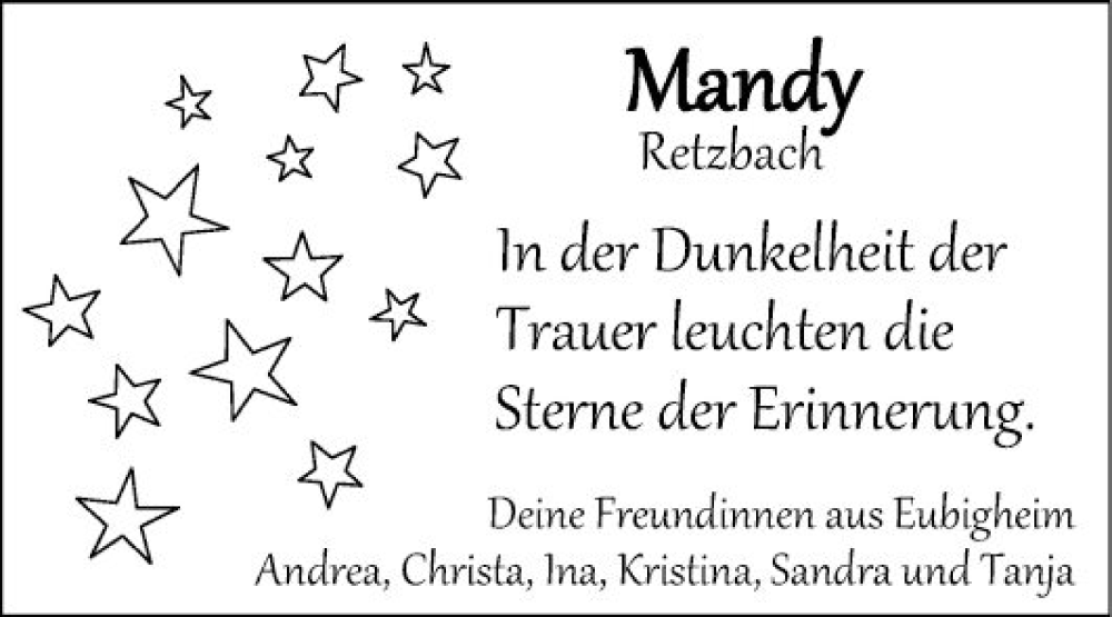  Traueranzeige für Mandy Retzbach vom 25.03.2023 aus Fränkische Nachrichten
