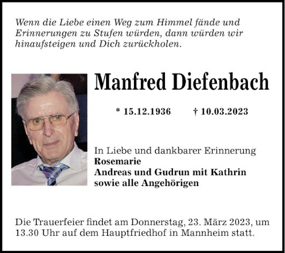 Traueranzeige für Manfred Diefenbach vom 18.03.2023 aus Mannheimer Morgen
