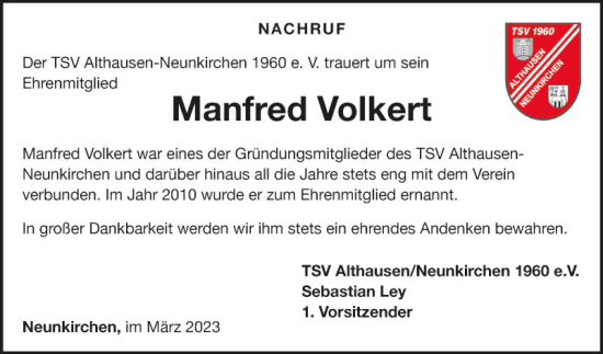 Traueranzeige von Manfred Volkert von Fränkische Nachrichten