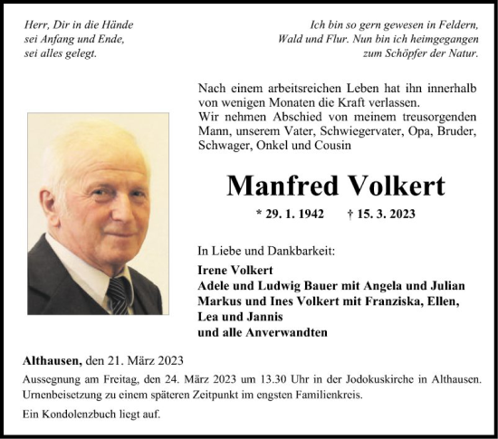 Traueranzeige von Manfred Volkert von Fränkische Nachrichten