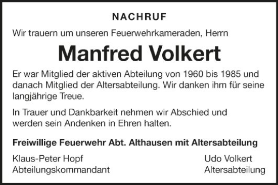 Traueranzeige von Manfred Volkert von Fränkische Nachrichten