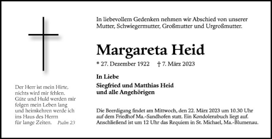 Traueranzeige von Margareta Heid von Mannheimer Morgen