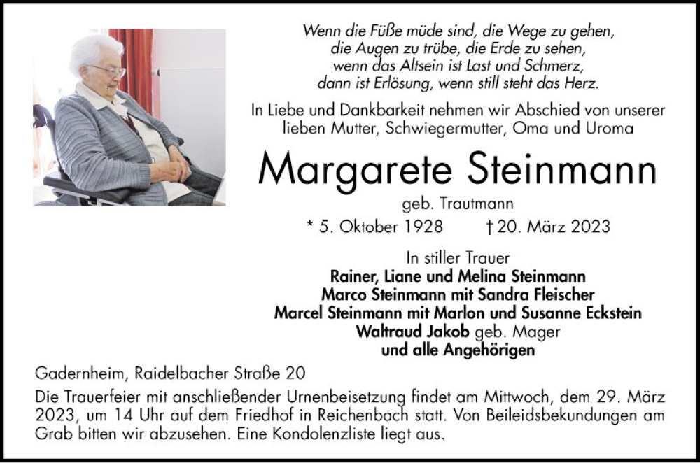  Traueranzeige für Margarete Steinmann vom 25.03.2023 aus Bergsträßer Anzeiger