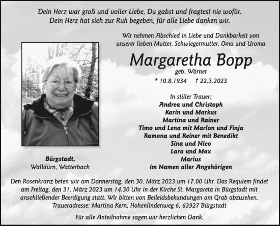 Traueranzeige von Margaretha Bopp von Fränkische Nachrichten