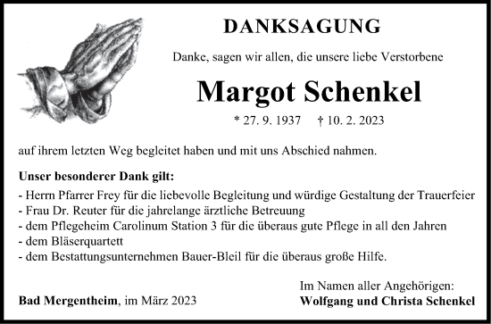 Traueranzeige von Margot Schenkel von Fränkische Nachrichten