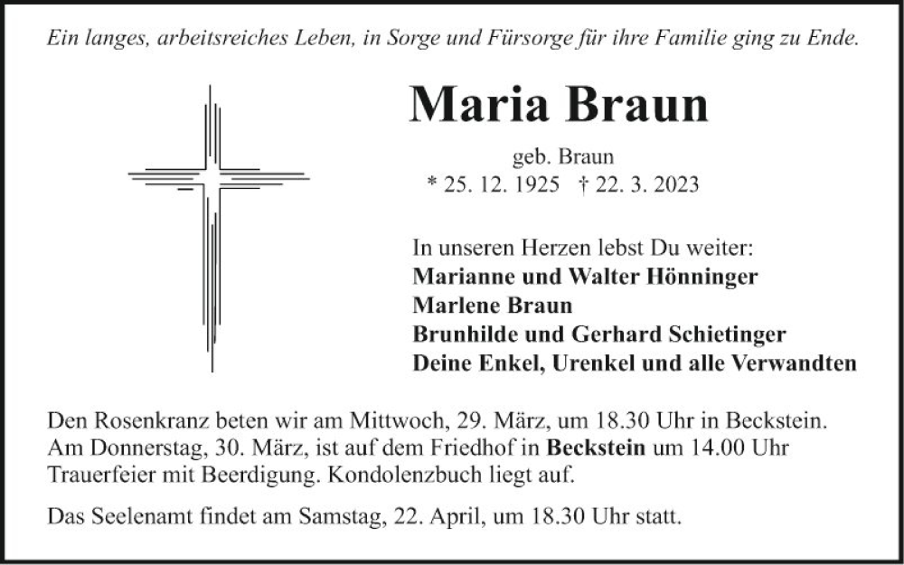  Traueranzeige für Maria Braun vom 25.03.2023 aus Fränkische Nachrichten