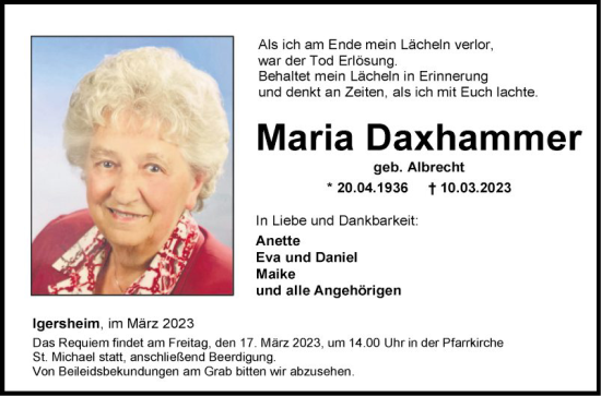 Traueranzeige von Maria Daxhammer von Fränkische Nachrichten