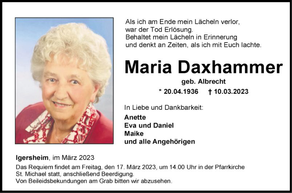  Traueranzeige für Maria Daxhammer vom 14.03.2023 aus Fränkische Nachrichten