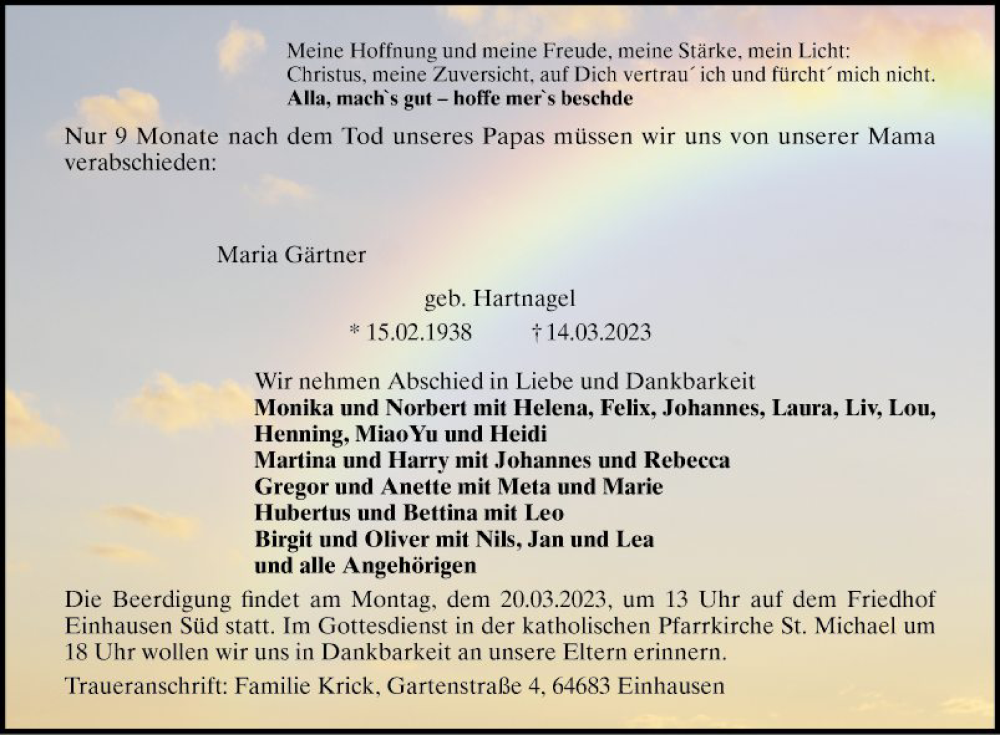  Traueranzeige für Maria Gärtner vom 18.03.2023 aus Bergsträßer Anzeiger