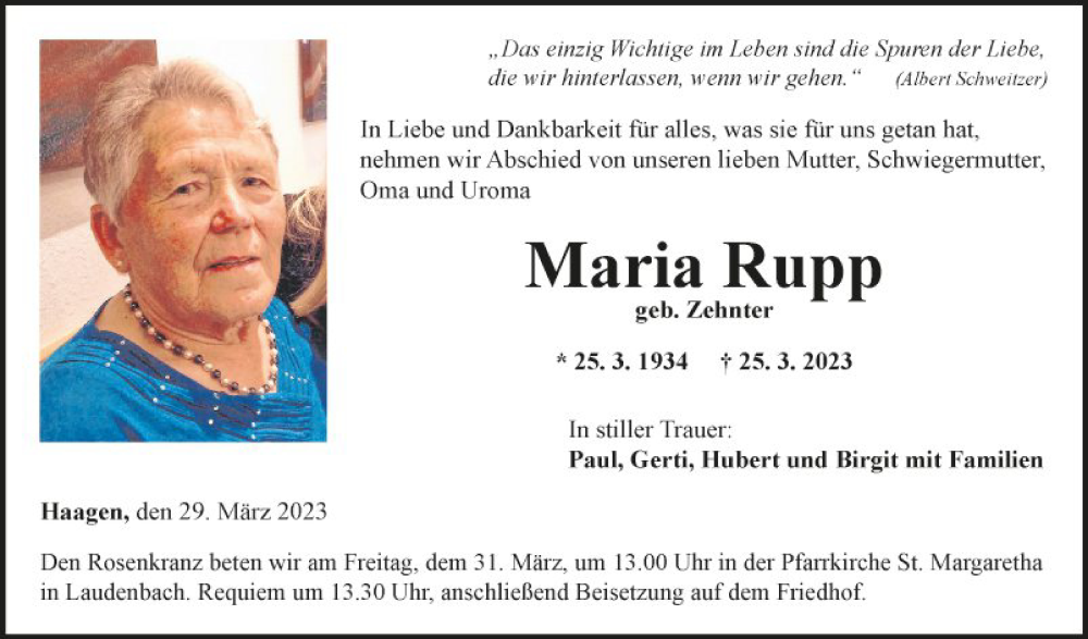  Traueranzeige für Maria Rupp vom 29.03.2023 aus Fränkische Nachrichten