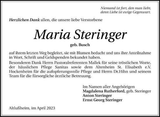 Traueranzeige von Maria Steringer von Schwetzinger Zeitung