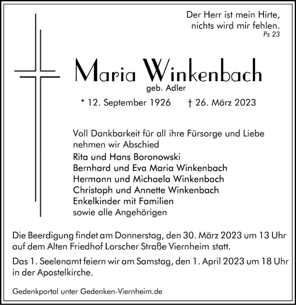  Traueranzeige für Maria Winkenbach vom 29.03.2023 aus Mannheimer Morgen
