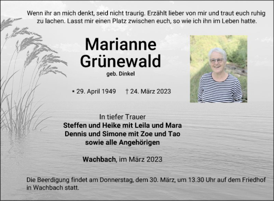 Traueranzeige von Marianne Grünewald von Fränkische Nachrichten