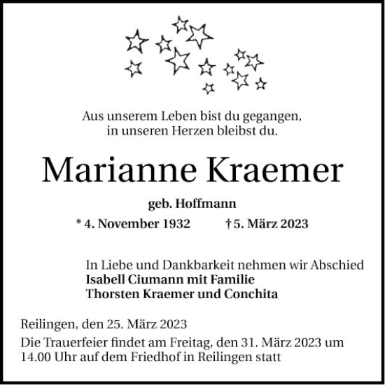 Traueranzeige von Marianne Kraemer von Schwetzinger Zeitung