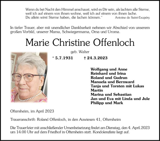 Traueranzeige von Marie Christine Offenloch von Schwetzinger Zeitung