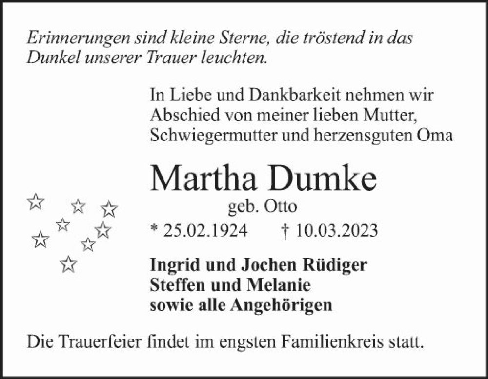  Traueranzeige für Martha Dumke vom 18.03.2023 aus Mannheimer Morgen
