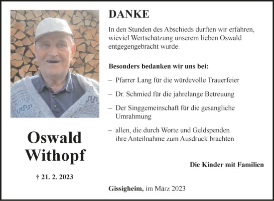 Traueranzeige von Oswald Withopf von Fränkische Nachrichten