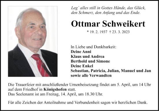 Traueranzeige von Ottmar Schweikert von Fränkische Nachrichten