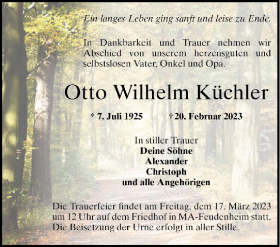 Traueranzeige von Otto Wilhelm Küchler von Mannheimer Morgen