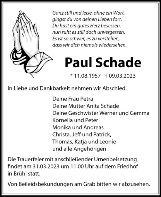 Traueranzeige von Paul Schade von Schwetzinger Zeitung