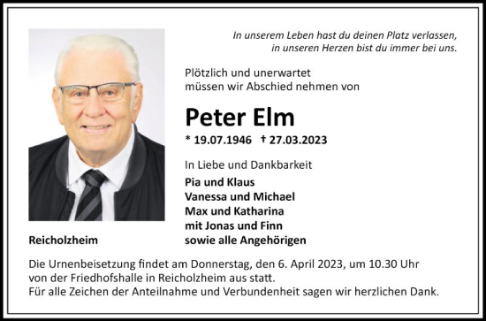 Traueranzeige von Peter Elm von Fränkische Nachrichten