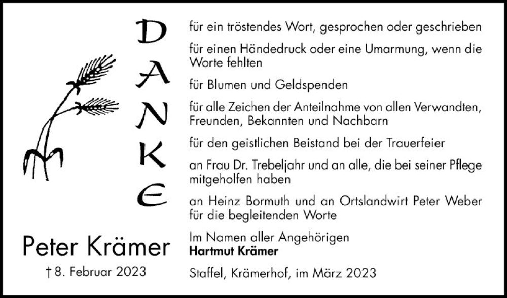  Traueranzeige für Peter Krämer vom 04.03.2023 aus Bergsträßer Anzeiger