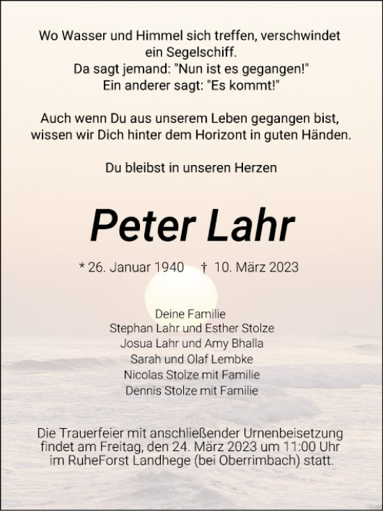 Traueranzeige von Peter Lahr von Fränkische Nachrichten