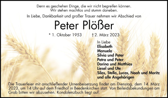 Traueranzeige von Peter Plößer von Bergsträßer Anzeiger