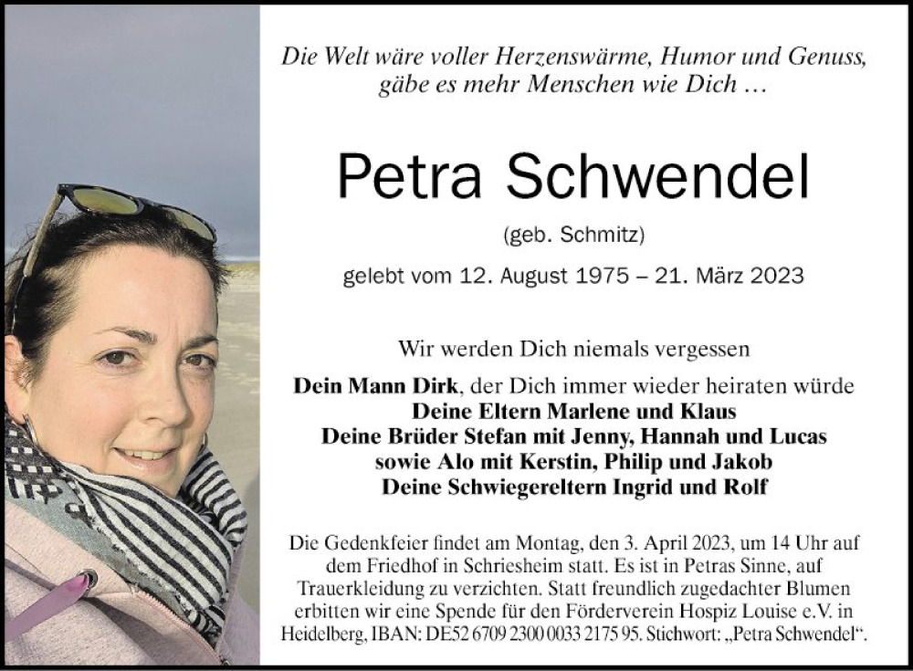  Traueranzeige für Petra Schwendel vom 01.04.2023 aus Mannheimer Morgen