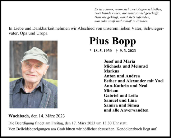 Traueranzeige von Pius Bopp von Fränkische Nachrichten