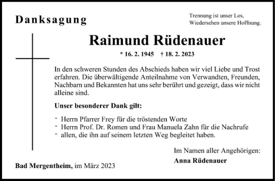 Traueranzeige von Raimund Rüdenauer von Fränkische Nachrichten