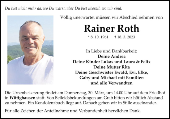 Traueranzeige von Rainer Roth von Fränkische Nachrichten