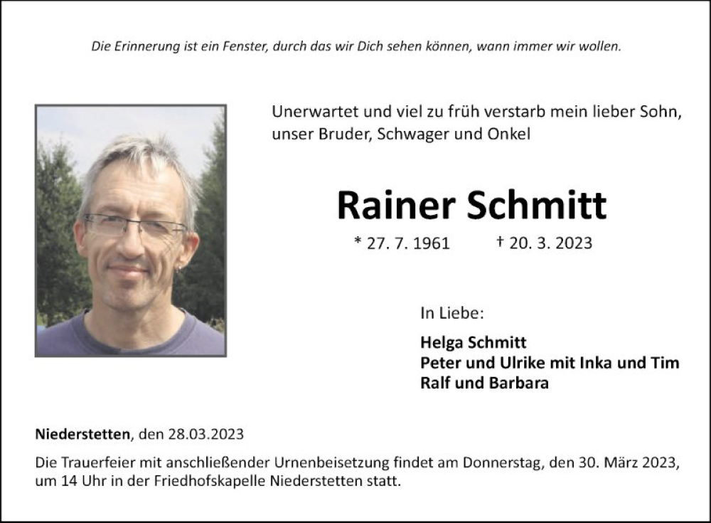  Traueranzeige für Rainer Schmitt vom 28.03.2023 aus Fränkische Nachrichten