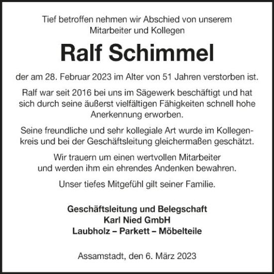 Traueranzeige von Ralf Schimmel von Fränkische Nachrichten