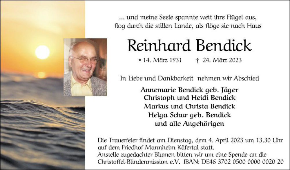  Traueranzeige für Reinhard Bendick vom 01.04.2023 aus Mannheimer Morgen