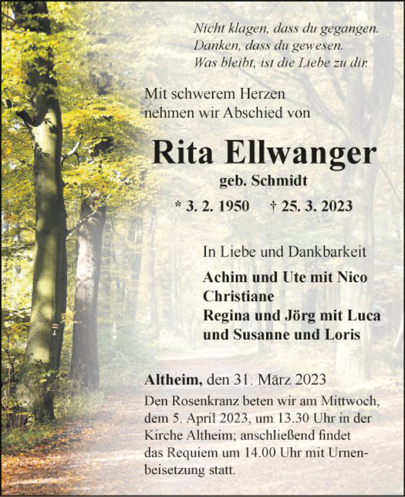  Traueranzeige für Rita Ellwanger vom 31.03.2023 aus Fränkische Nachrichten
