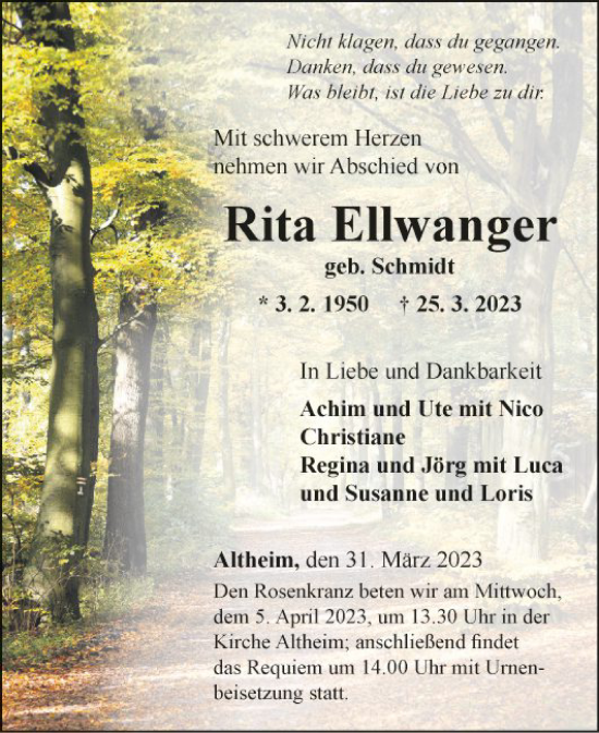 Traueranzeige von Rita Ellwanger von Fränkische Nachrichten