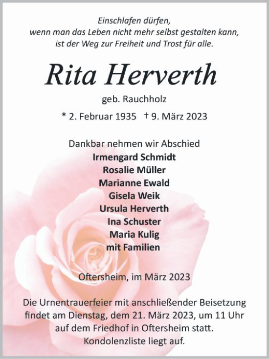 Traueranzeige von Rita Herverth von Schwetzinger Zeitung