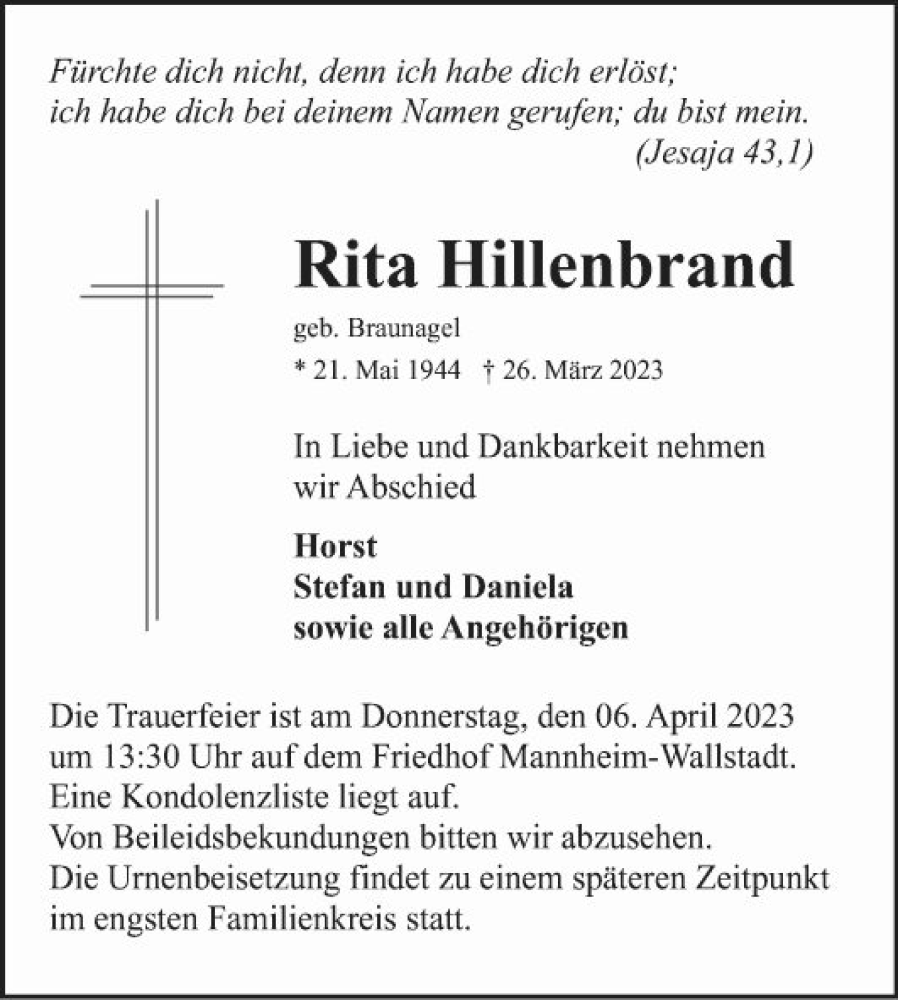  Traueranzeige für Rita Hillenbrand vom 01.04.2023 aus Mannheimer Morgen