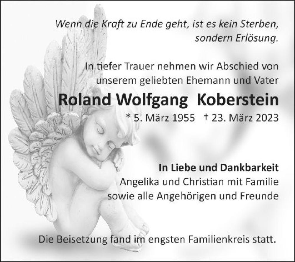  Traueranzeige für Roland Wolfgang Koberstein vom 01.04.2023 aus Mannheimer Morgen