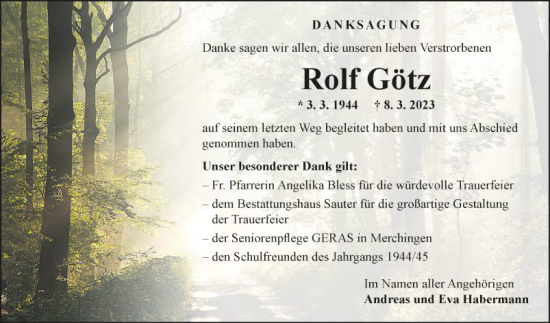 Traueranzeige von Rolf Götz von Fränkische Nachrichten