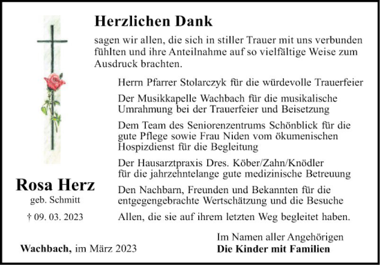 Traueranzeige von Rosa Herz von Fränkische Nachrichten