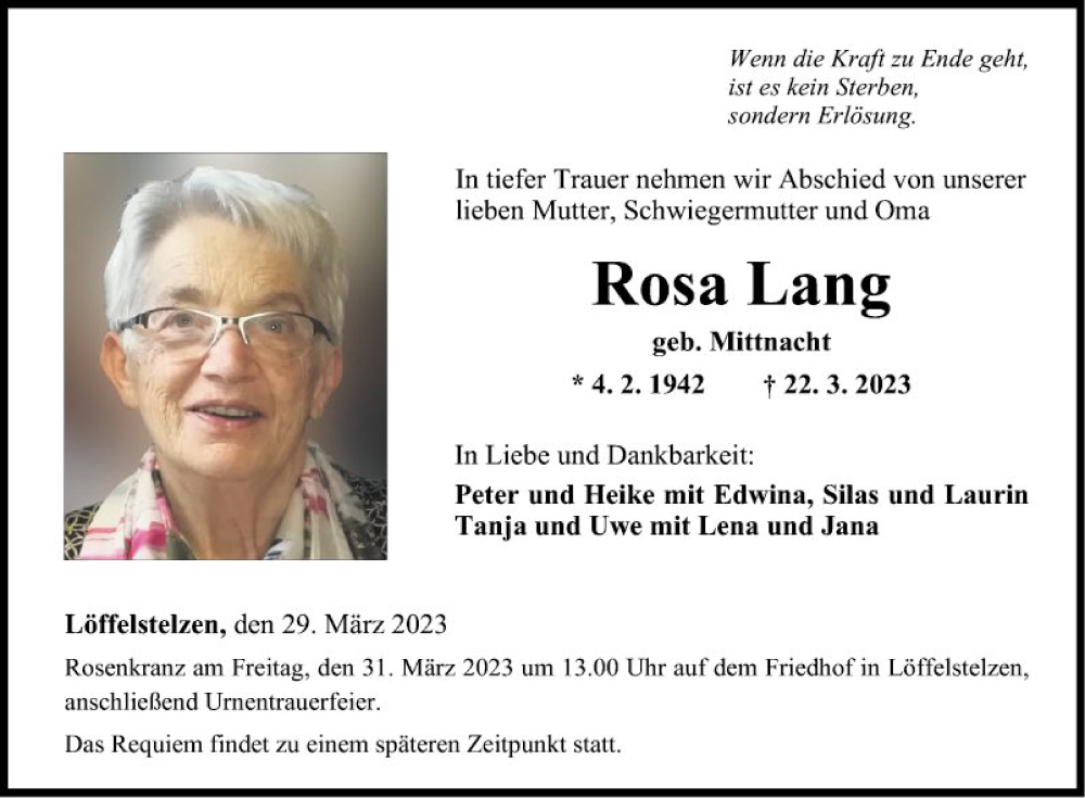  Traueranzeige für Rosa Lang vom 29.03.2023 aus Fränkische Nachrichten