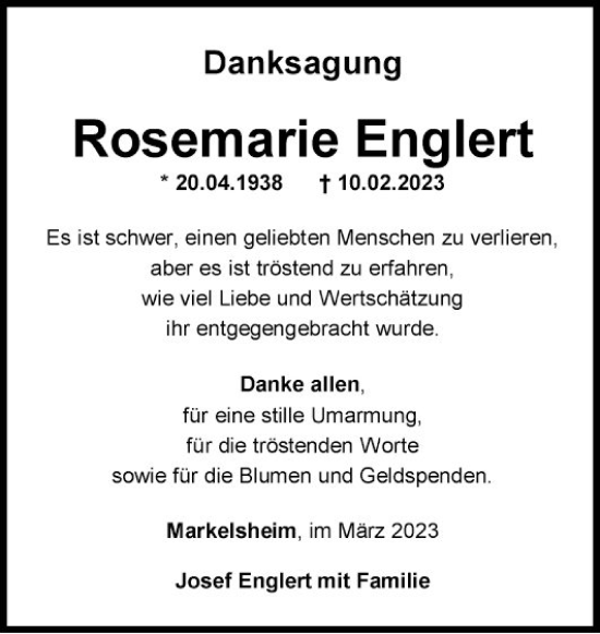 Traueranzeige von Rosemarie Englert von Fränkische Nachrichten