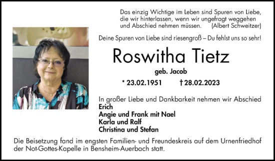 Traueranzeige von Roswitha Tietz von Bergsträßer Anzeiger