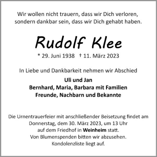 Traueranzeige von Rudolf Klee von Mannheimer Morgen