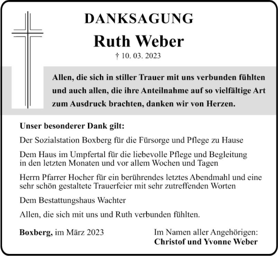 Traueranzeige von Ruth Weber von Fränkische Nachrichten