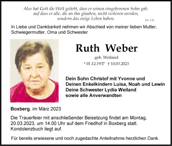 Traueranzeige von Ruth Weber von Fränkische Nachrichten